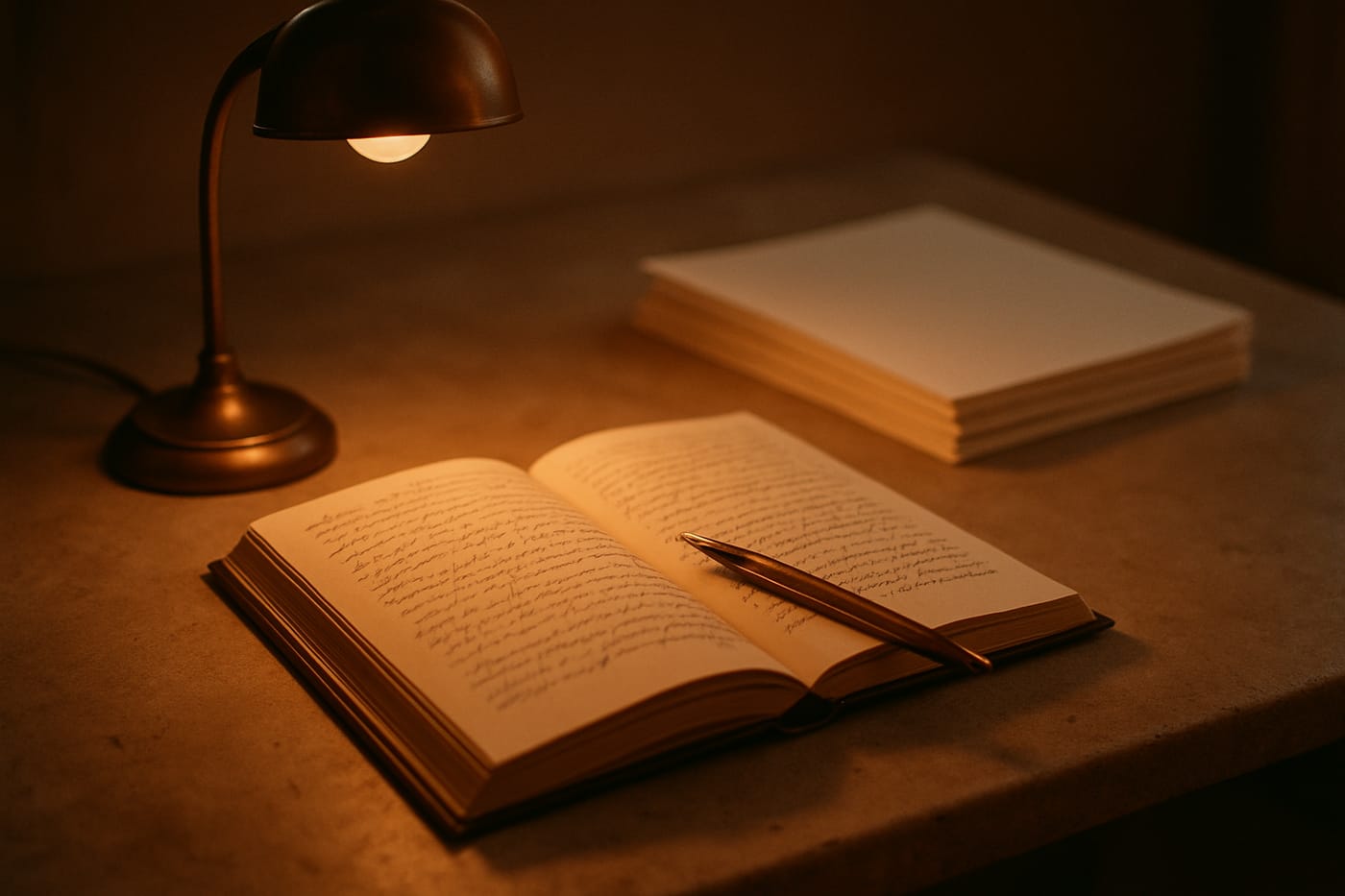 An open book with handwritten notes under warm lamplight